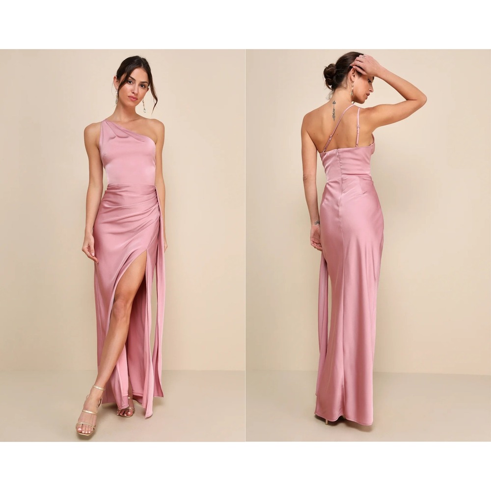 Lulus Signature Elegance Rose Pink Satin One-Shoulder Maxi Dress Size Small
